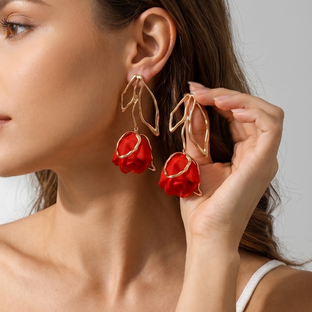 Gold Leaf Drop Earrings with Red Flower Drops